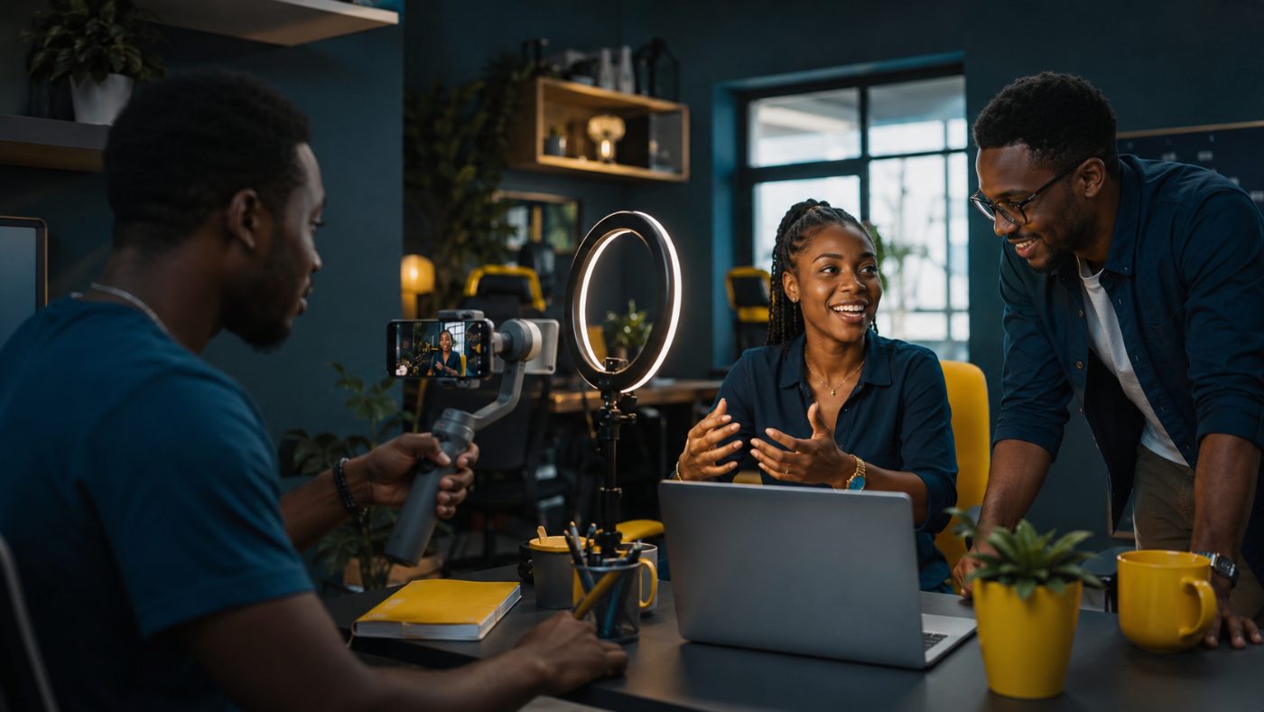 L'équipe pendant un tournage au bureau